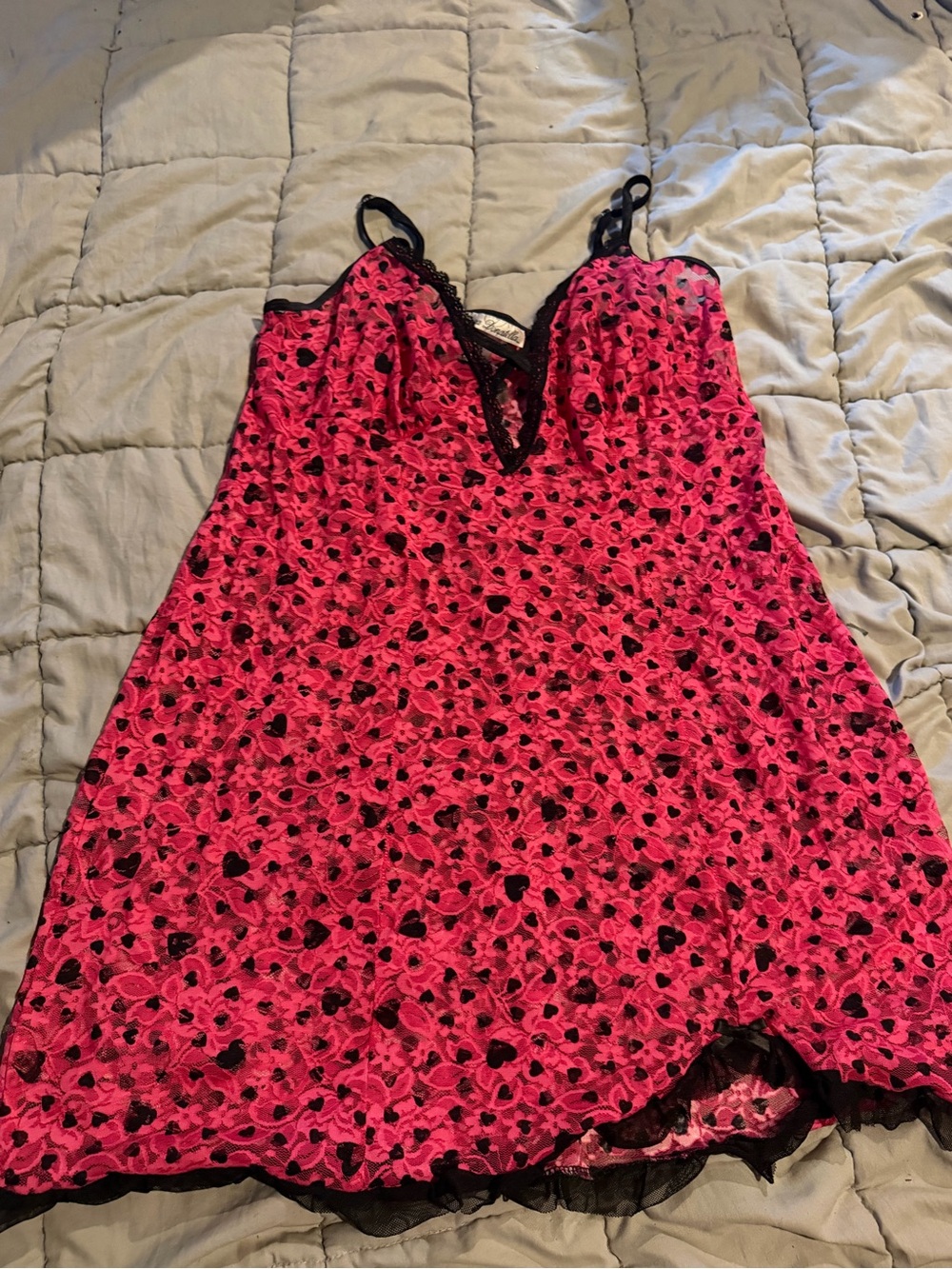 Linea Donatella Hot Pink Chemise with Black Heart Print & Lace Trim